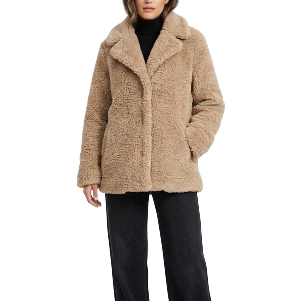 Avec Les Filles Tan Dove Brown Faux Fur Coat Size Small Notch Collar